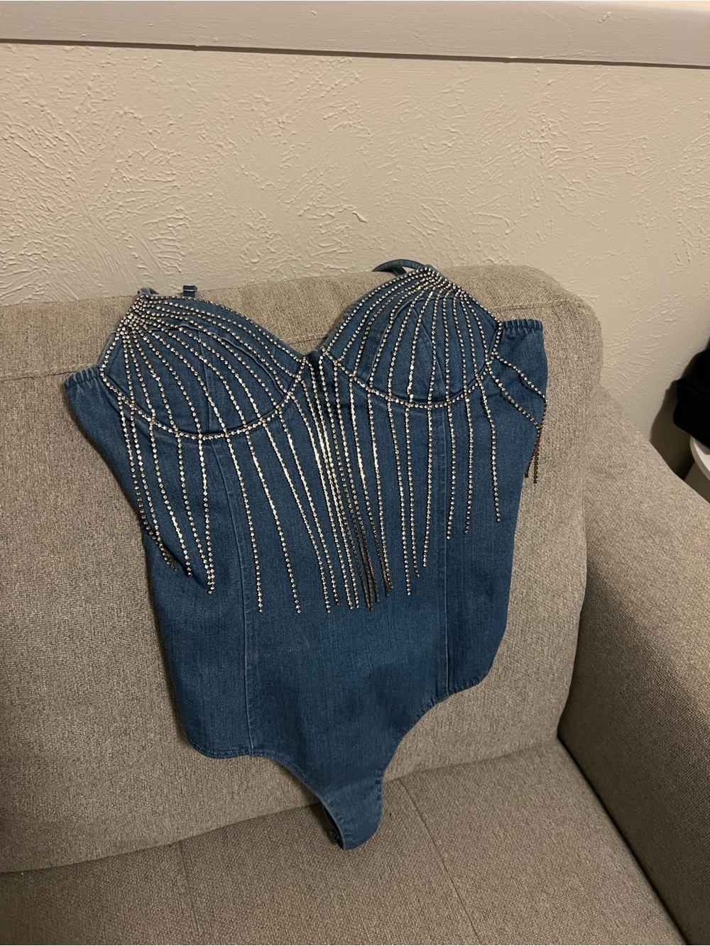 Denim Rhinestone Bustier Bodysuit - Blue